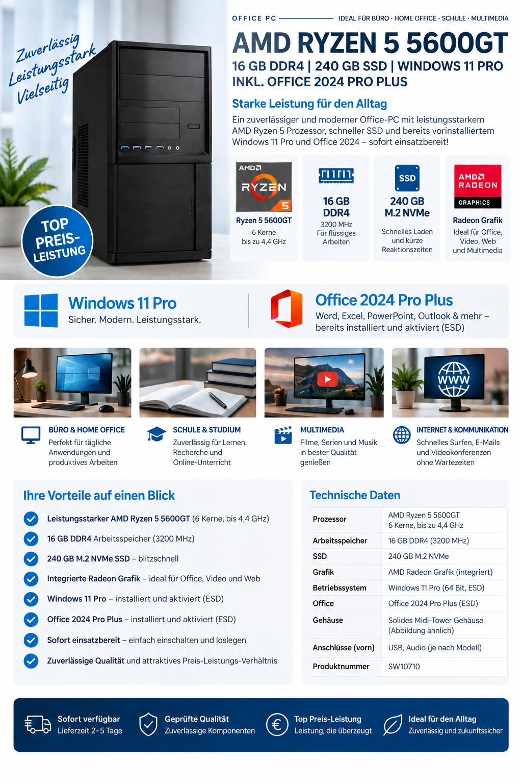Office PC | AMD Ryzen 5 5600GT 6 x 3,6GHz | 16GB DDR4 | Radeon Grafik | 240GB SSD M.2