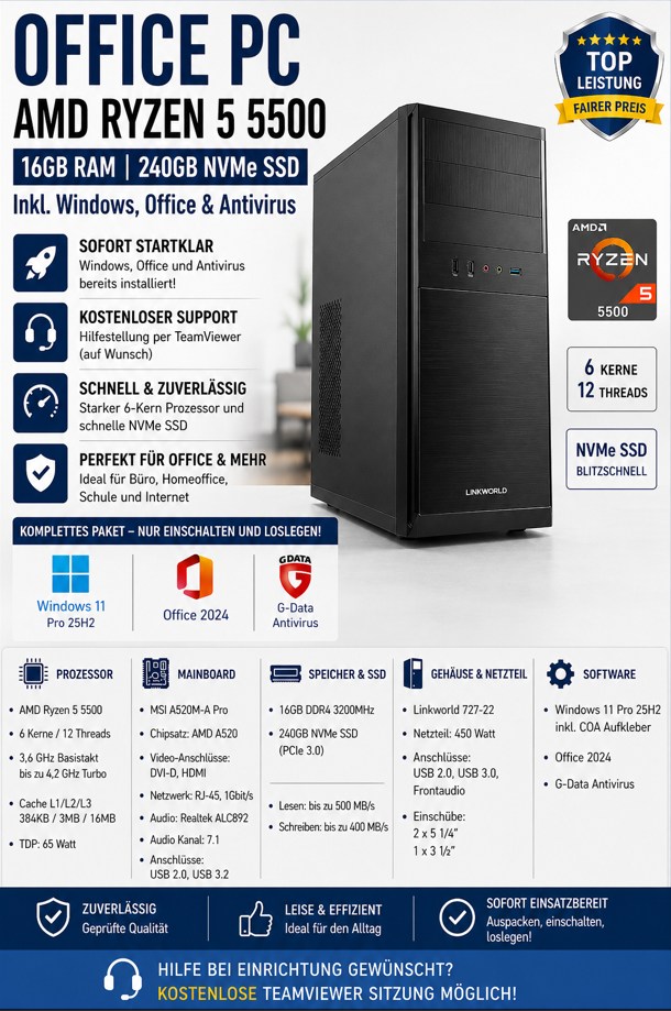 Office PC AMD Ryzen 5 5500 16GB RAM 240GB NVMe, incl. Windows, Office und Antivirus