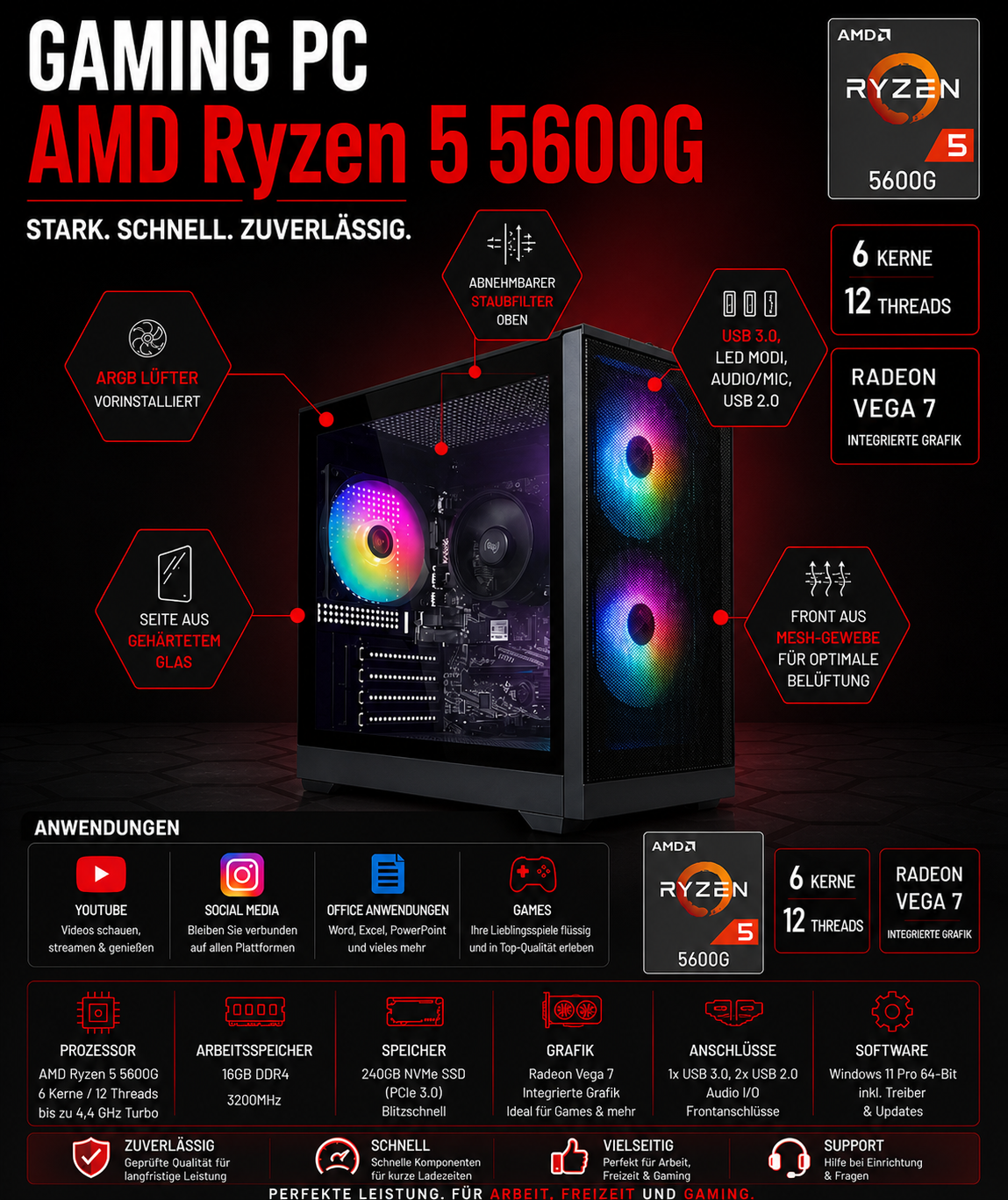 Gaming PC AMD Ryzen 5 5600G I16GB RAM I 240GB SSD