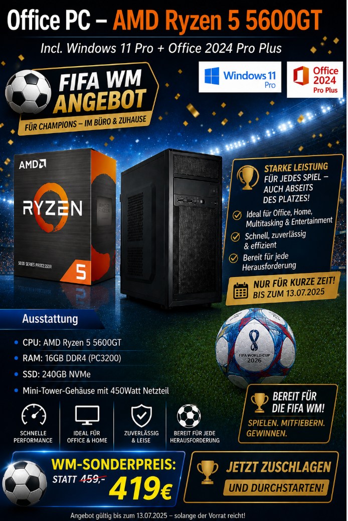 Office PC | AMD Ryzen 5 5600GT 6 x 3,6GHz | 16GB DDR4 | Radeon Grafik | 240GB SSD M.2