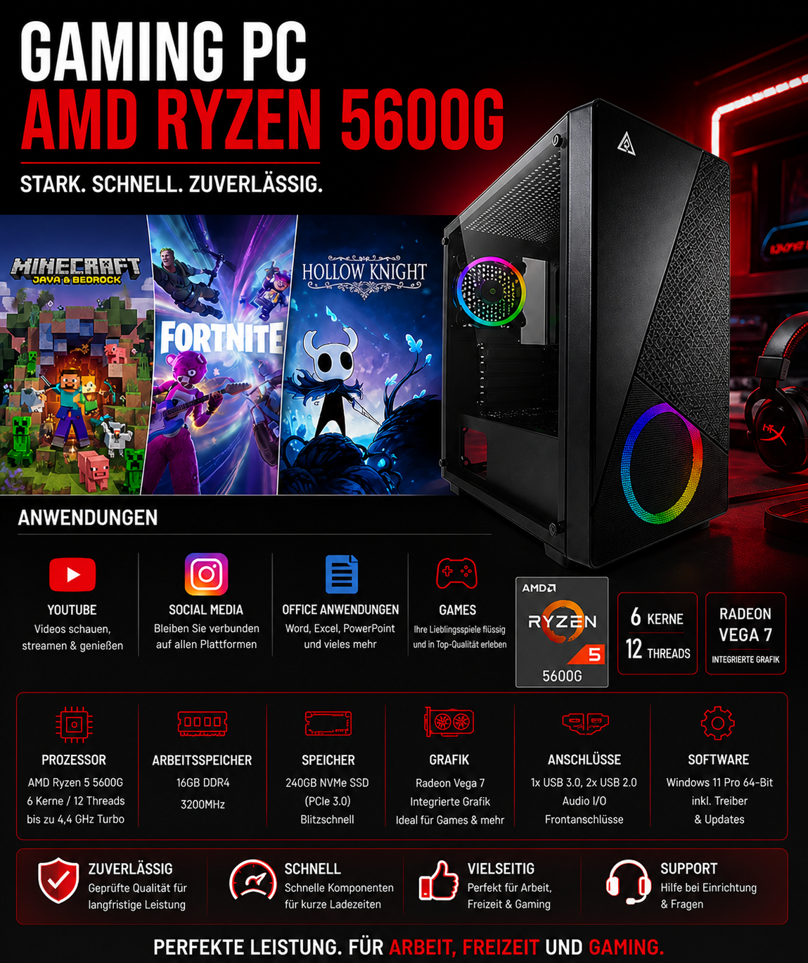 Gaming PC AMD Ryzen 5 5600G I16GB RAM I 240GB SSD