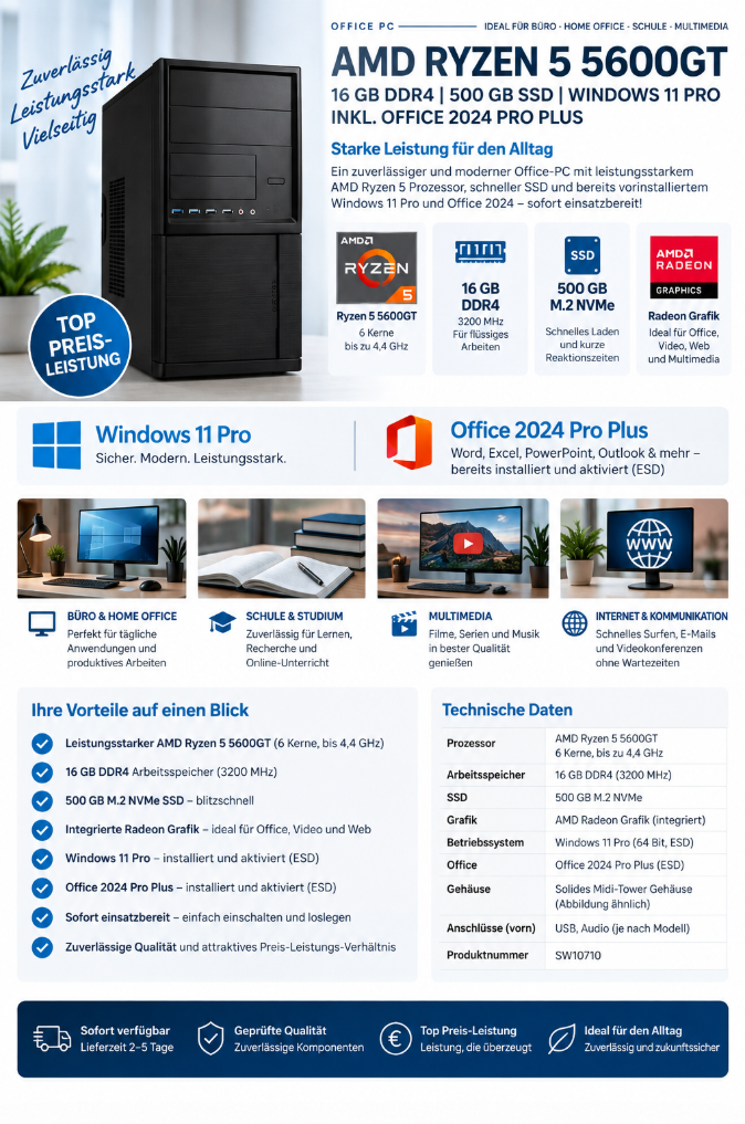 Office PC AMD Ryzen 5 5600GT, 6 x 3,6GHz | 16GB DDR4 | Radeon Grafik | 500GB SSD M.2 NVMe  | Windows 11 pro
