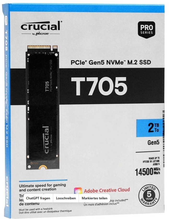 Crucial T705 2 TB NVMe SSD | PCIe 5.0 M.2 | bis 14.500 MB/s