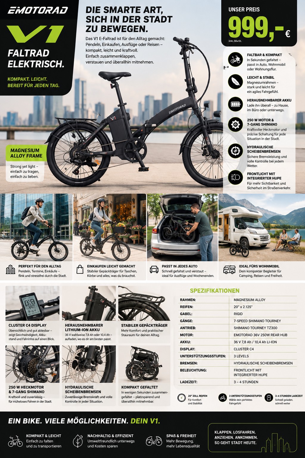 EMotorad V1 E-Faltrad 20 Zoll – 250W – Shimano 7-Gang – Magnesiumrahmen – 36V Akku